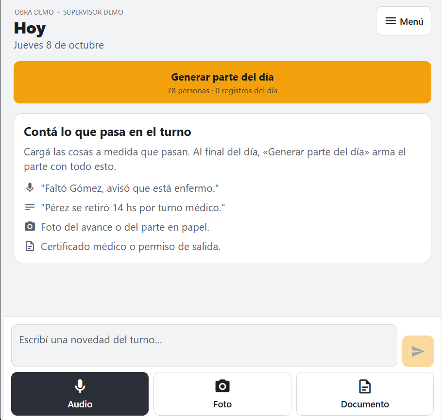 Pantalla de la app de partes del día en el celular: botón Generar parte del día y carga por audio, foto o documento (datos anonimizados)