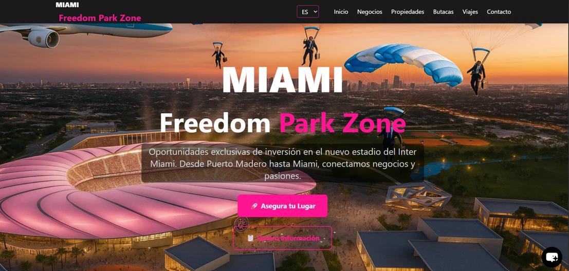 Portada de la landing Freedom Park Zone, sobre el nuevo estadio del Inter Miami