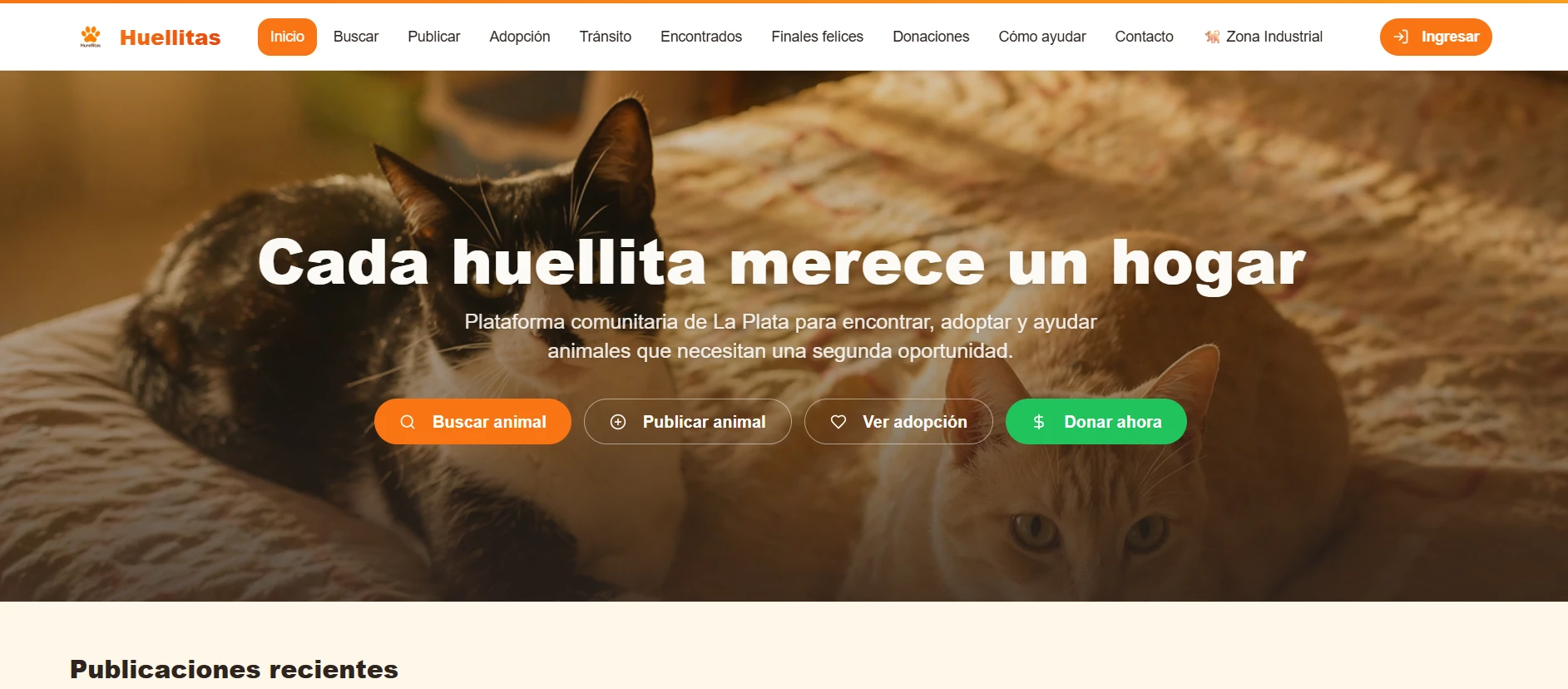 Huellitas, versión 2: titular "Cada huellita merece un hogar", menú con todas las secciones y botones para buscar, publicar, adoptar y donar