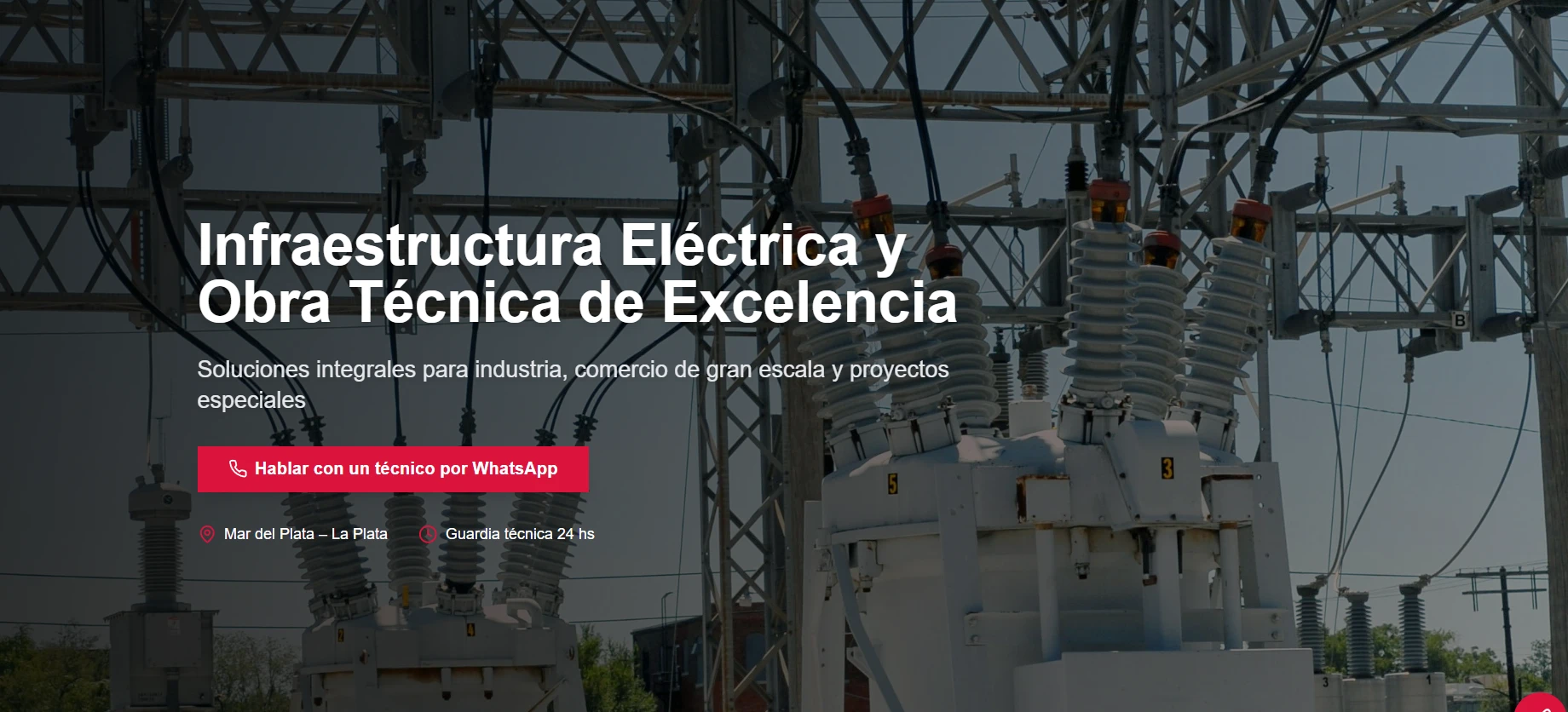 Portada del sitio de RDM Integrales: Infraestructura eléctrica y obra técnica de excelencia, con botón para hablar con un técnico por WhatsApp