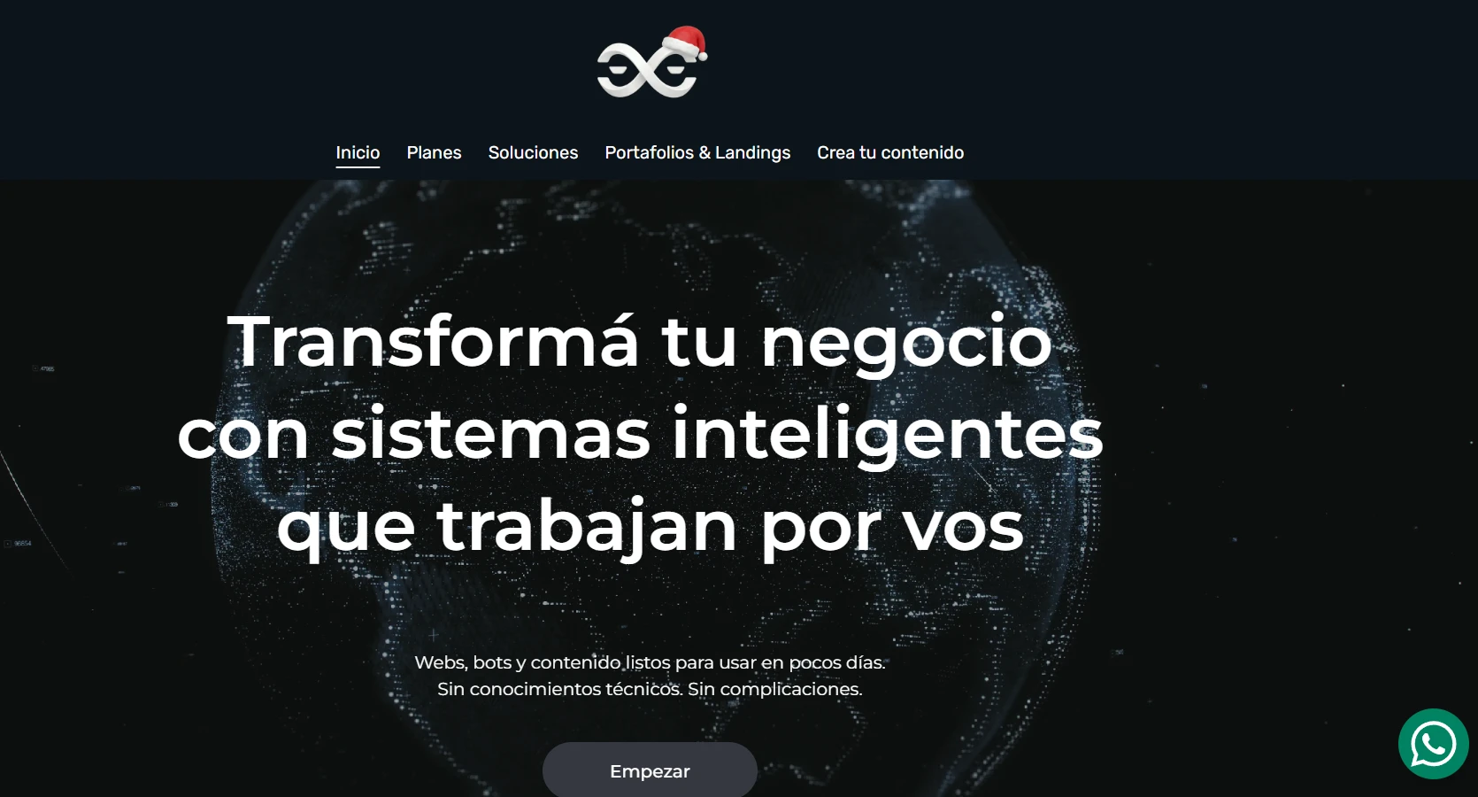 Portada navideña del sitio anterior de Remote Mindset: titular "Transformá tu negocio con sistemas inteligentes que trabajan por vos"