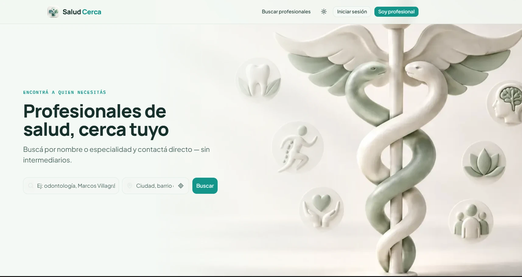 Portada de Salud Cerca: titular "Profesionales de salud, cerca tuyo", buscador por especialidad y ciudad, e ilustración con íconos de especialidades