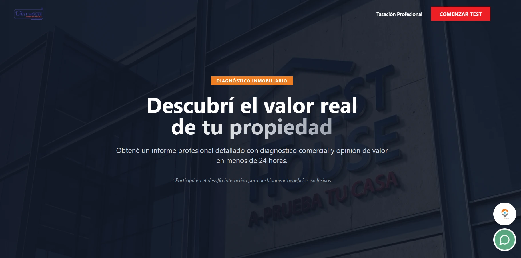 Portada de TestHouse: titular "Descubrí el valor real de tu propiedad" y botón Comenzar test